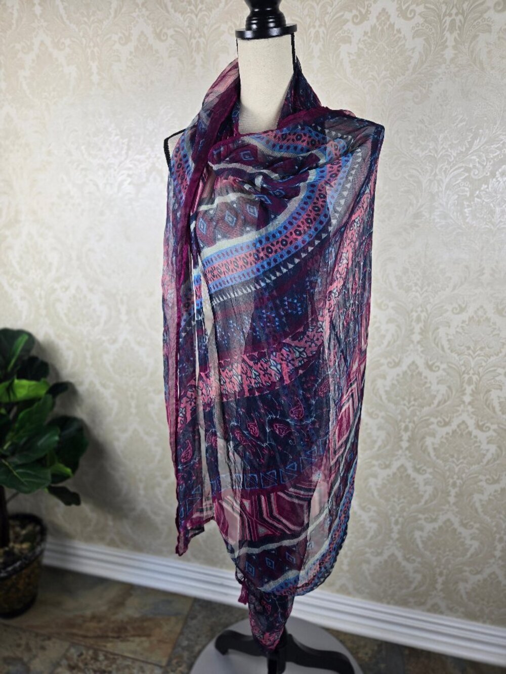 Large Oblong Scarf Lightweight Sheer Geometric Stripes Paisley Ref Blue Purple